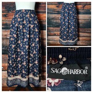 Sag Harbor Vintage Midi Skirt L Pleated Rayon Navy Blue Prairie Floral Pockets